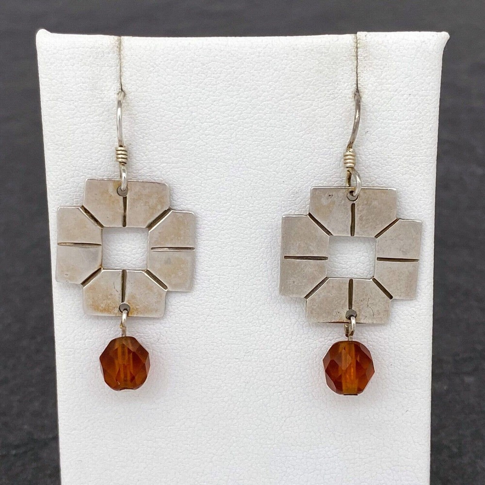 Vintage Mexico Taxco TV-21 Sterling Silver 925 Geometric Orange Bead Earrings